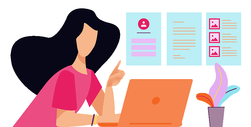 Illustration of woman preparing and sending a CV using a laptop