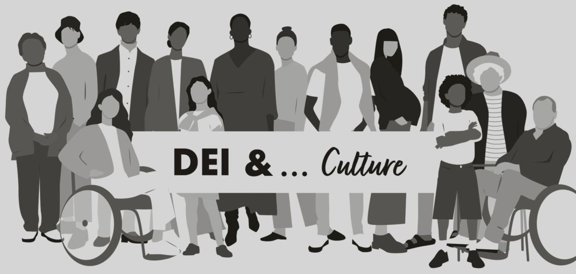 Animated people holding a sign that says "DEI & Culture"