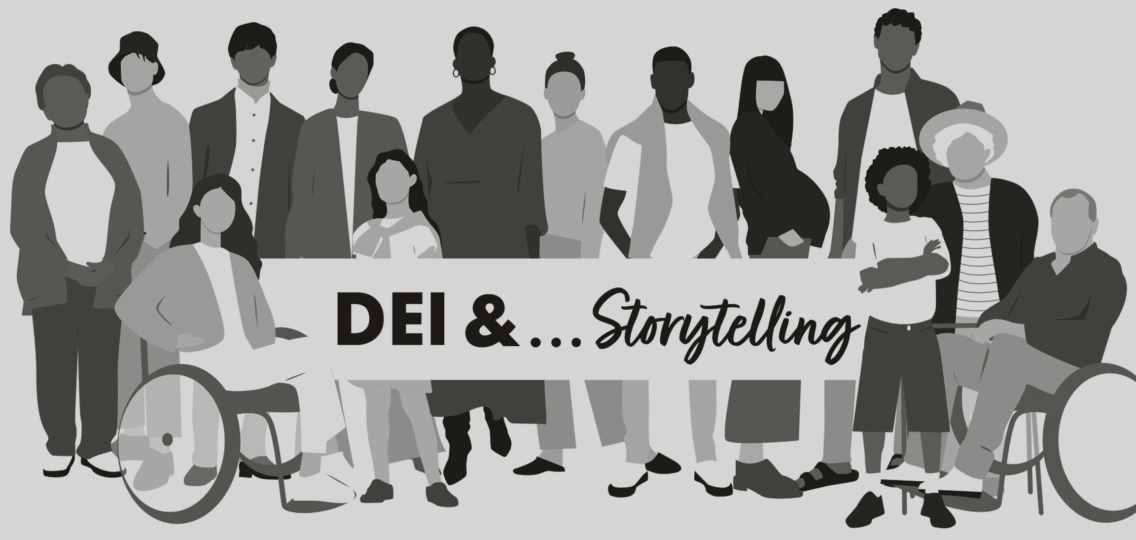 animated people holding a sign that says DEI & storytelling